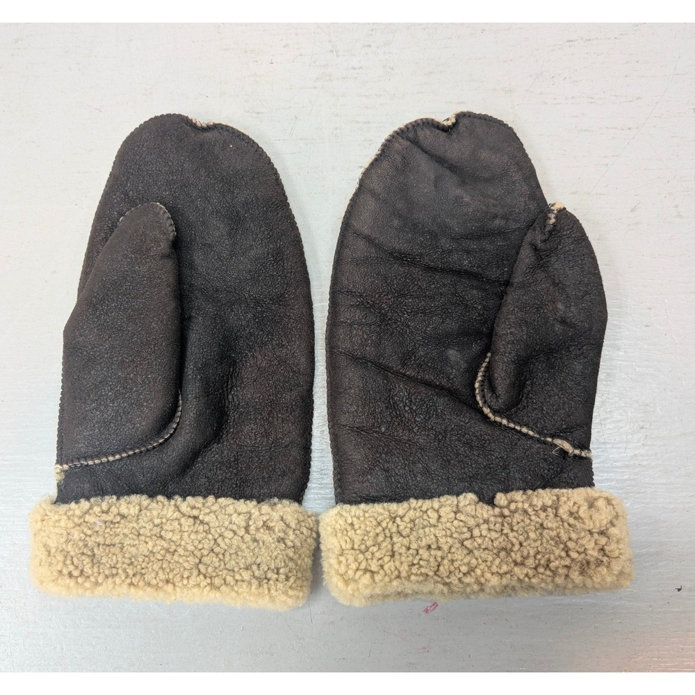 Unisex Mittens Shearling Fur Fleece Lined Brown Leather Winter Gloves Classic